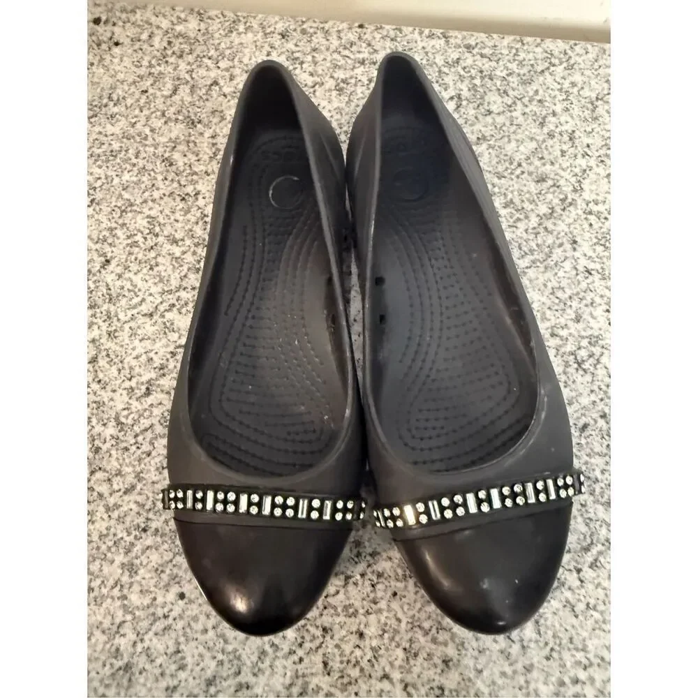 Crocs Womens Shoes 6 Solid Black Rhinestone Detail Closed Toe Slip On Ballet Fla